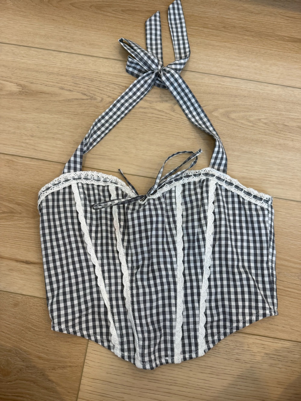 Black & White Gingham Lace Trim Corset Top